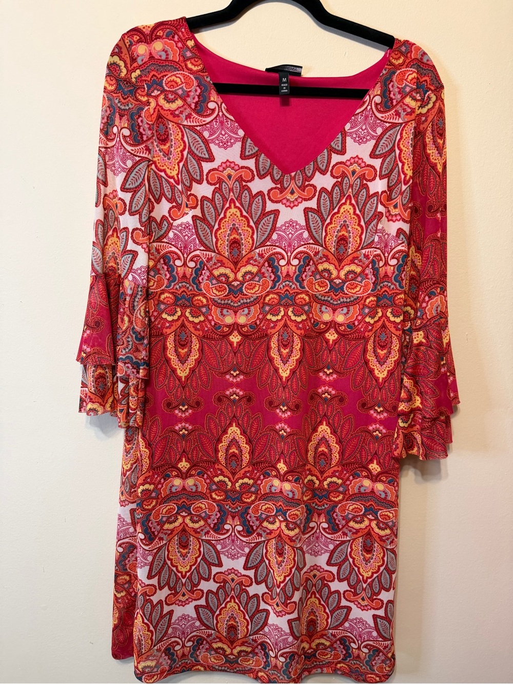 Allison Brittney Pink Paisley V-Neck Bell Sleeve Tunic Dress